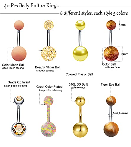 24-50Pcs 14G Stainless Steel Belly Button Rings for Women CZ Screw Navel Bars Body Piercing Jewelry - color: E: 40pcs style 1