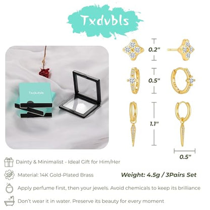Earrings for Men 14K Gold Plated Hypoallergenic Mens Hoop Earrings | Cubic Zirconia Round/Square Stud with Huggie Hoop Earring Set,Mens Cartilage Studs for Sensitive Ear,Jewelry Gift for Him - color: Gold 3Pairs Earrings Set