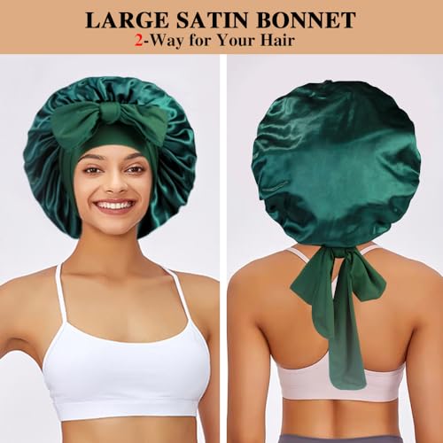 2+3 Large Satin Bonnets with Scrunchies for Women, Hair Bonnet Sleeping Tie Bonnet for Braids Curly Hair - color: D - Black, Sage Green