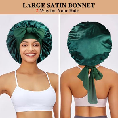 2+3 Large Satin Bonnets with Scrunchies for Women, Hair Bonnet Sleeping Tie Bonnet for Braids Curly Hair - color: D - Black, Sage Green