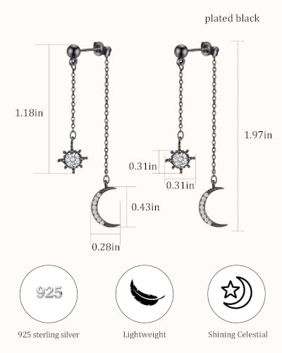 Moon and Star Dangle Earrings | Chain Tassel with Cubic Zirconia Drop Front and Back Earrings Celestial Jewelry for Wedding Gift - color: Black