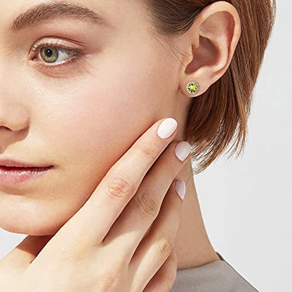 Bestyle Sparkling 925 Sterling Silver Birthstone Stud Earrings for Women, Heart/Round/Teardrop/Square Solitaire Diamond Studs Earrings, Great Birthday/Christmas Gifts - style: 08. Yellow Peridot-Aug.-round