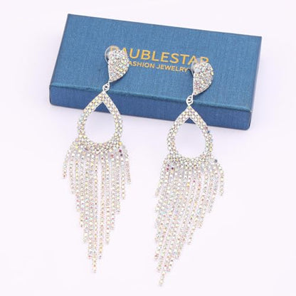 BaubleStar Rhinestone Teardrop with Long Tassel Earrings Sparkly Dangle Earrings for Women - color: Silver