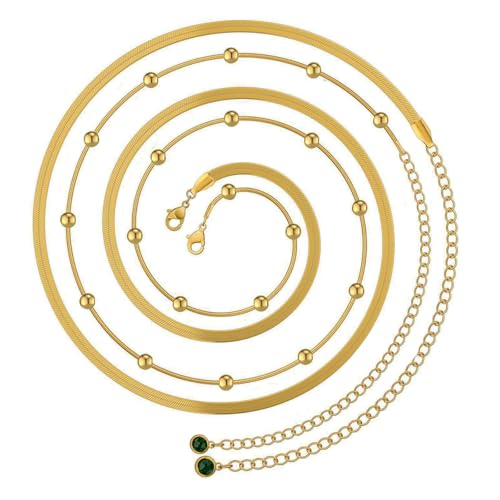 2 Pcs Gold Plated Belly Chains Layered Body Jewelry for Women Summer Beach | Waist Beads and Herringbone Flat Snake Belt Chain, Stainless Steel Waterproof Festival Party Jewelry Accessories