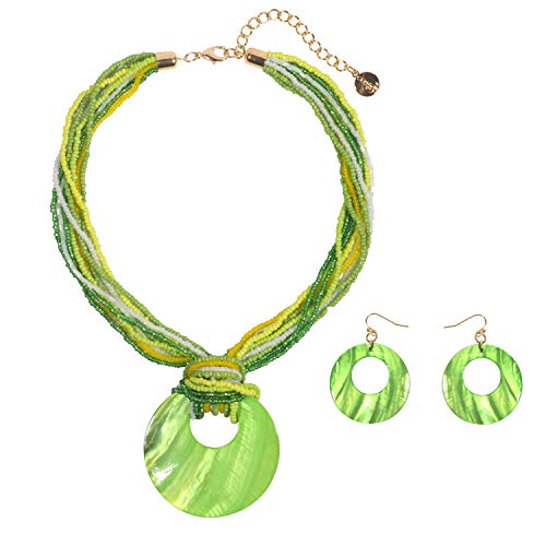 Coiris Multi Strand Statement Colorful Beaded Necklace with Big Circle Shell Pendant for Women - color: Jasmine Green