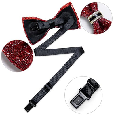 DiBanGu Mens Rhinestone Bow Tie with Ring and Lapel Pin Set | Adjustable Strap,Pre-tied Style,3PCS,Sequin Diamond Bowties，Solid/Mix Color,Shiny Accessory,for Party Prom Banquet Wedding - color: Red