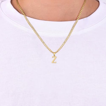 Gold Plated Initial Necklace for Men Letter Pendant Cuban Link Chain | Stainless Steel 4mm 20 Inch Chain Non Tarnish 14K A-Z Capital Name Charm Custom Jewelry Gift - color: Z