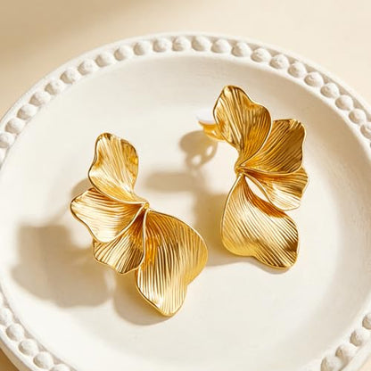 Chunky Flower Clip on Earrings for Women 14K Gold Plated No Piercing Floral Stud Earring Lightweight Jewelry Gifts - color: Flower-C-gold