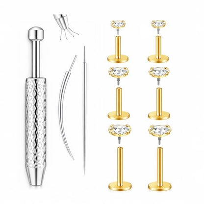 Medusa Piercing Jewelry, 9 Pack Threadless Nose Stud, 316L Surgical Steel Tragus Piercing Jewelry, Flat Back Nose Stud & Earrings Set 20G 18G 16G for Nose, Tragus, Cartilage, Lip, Medusa with Insertion Tool - color: golden