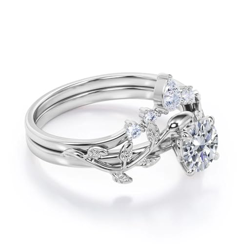 Center 1 CT Round Cut Floral Moissanite Wedding Rings Sets for Women Leaf and Vine Art Deco Engagement Ring Sets in S925 Sterling Silver 10K 14K 18K Gold with Text Engraving - color: Style C