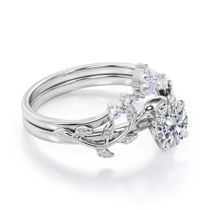 Center 1 CT Round Cut Floral Moissanite Wedding Rings Sets for Women Leaf and Vine Art Deco Engagement Ring Sets in S925 Sterling Silver 10K 14K 18K Gold with Text Engraving - color: Style C