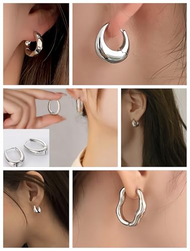6 Pairs Gold Hoop Earrings Set for Women, 14K Gold Plated Huggie Chunky Earring Variety Pack, Hypoallergenic Thick Jewelry Gift - color: Silver Color