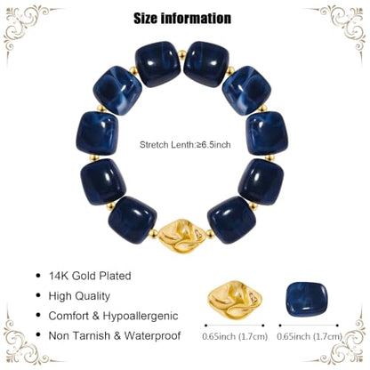 VIBILIA Chunky Beaded Bracelet for Women Multicolor Big Resin Acrylic Bead Elastic Stretch Bracelet, Trendy Statement Bracelets Boho Summer Beach Vacation Charm Jewelry - color: Square-Blue
