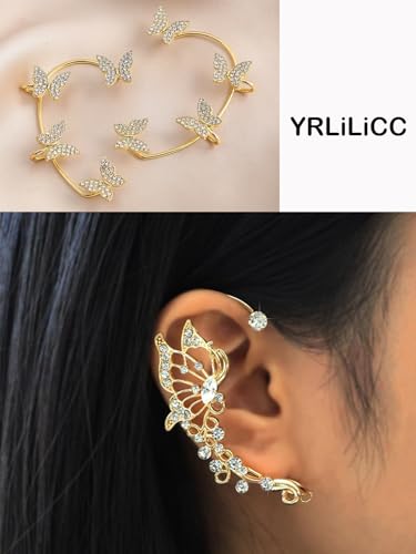 2Pcs Butterfly Ear Cuffs Rhinestone Clip On Earrings | Rhinestone butterfly ear cuffs with non piercing clip on design; silver ear wrap climber jewelry for parties and weddings - style: 2Pair Gold