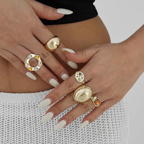 5Pcs Chunky Gold Rings for Women,Stackable Large Dome Knuckle Rings,Thick Gold Crystal Finger Rings Set Trendy Jewelry - color: Golden