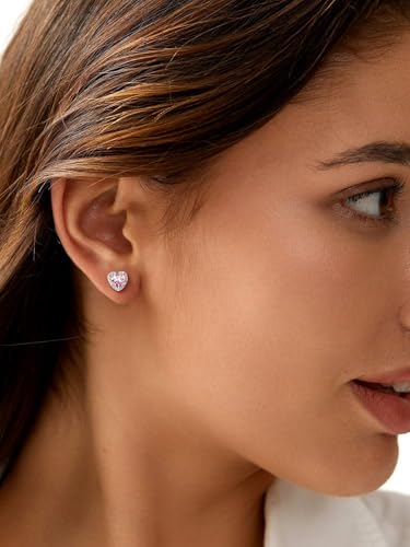 Suplight 925 Sterling Silver Birthstone Stud Earrings for Women, Round/Heart/Teardrop/Square Crystal Diamond Earrings for Women, Dainty Birthday Gifts Jewelry - color: style b-10. heart-October(Created Tourmaline)