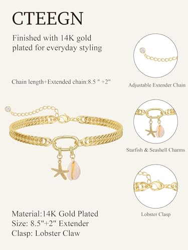 Anklets for Women Waterproof, 14K Gold Plated Anklet Non Tarnish | Ankle Bracelet for Women with Removable Starfish Shell Charms, Cuban Link Anklet for Big Ankles, Summer Beach Jewelry - style: Style1