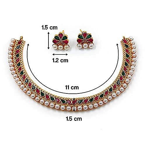 Aheli Ethnic Faux Kundan Pearl Fancy Bridal Choker Necklace Indian Traditional Bollywood Jewelry Set with Earrings Gift for Women - color: Red & Green