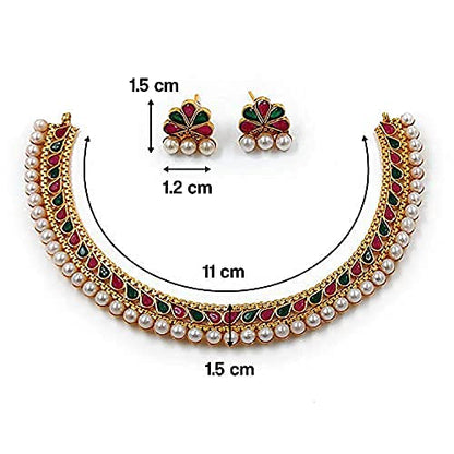 Aheli Ethnic Faux Kundan Pearl Fancy Bridal Choker Necklace Indian Traditional Bollywood Jewelry Set with Earrings Gift for Women - color: Red & Green