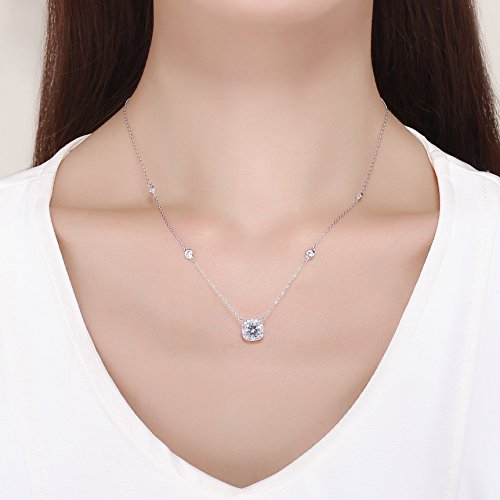 SBLING Platinum Plated Cubic Zirconia/Austrian Crystal Cushion Shape Halo Pendant Necklace/Earrings - color: Fixed pendant-Cubic Zirconia