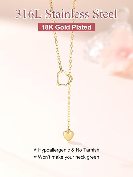 FOCALOOK Heart Lariat Necklaces for Women, Long Slip Chain Necklace | Hypoallergenic 316L Stainless Steel Silver/Black/Gold Plated, Front Slider Closure, Non Tarnish, Layered look, Everyday Wear - color: 03:Gold Heart