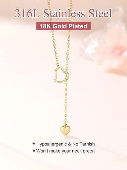 FOCALOOK Heart Lariat Necklaces for Women, Long Slip Chain Necklace | Hypoallergenic 316L Stainless Steel Silver/Black/Gold Plated, Front Slider Closure, Non Tarnish, Layered look, Everyday Wear - color: 03:Gold Heart