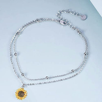 POPLYKE 925 Sterling Silver Double Layered Chain Evil Eye Daisy Sunflower Butterfly Anklets for Women Holiday Beach Crystal Ankle Bracelet Dainty Evil Eye Jewelry - style: Sunflower Anklet