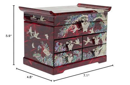 February Mountain Mother of Pearl Wooden Jewelry Organizer Box – Jewelry Storage Box for Women, Features Spacious Drawers, Ideal for Rings, Bracelets, Watches, Chains, Accessories (Crane_Red) - style: Crane_Red