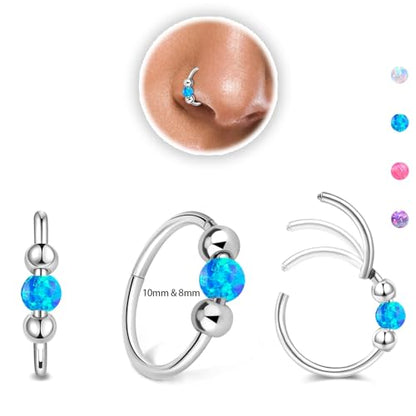 Thiswhyimbeauty 2PCS 18g Opal Nose Rings for Women Nose Hoops 8mm/10mm Hypoallergenic 316L Surgical Steel Nose Rings Piercing Jewelry Can Be Used as a Nose Ring, Septum Ring, and Cartilage Earring - color: A-Silver Blue opal