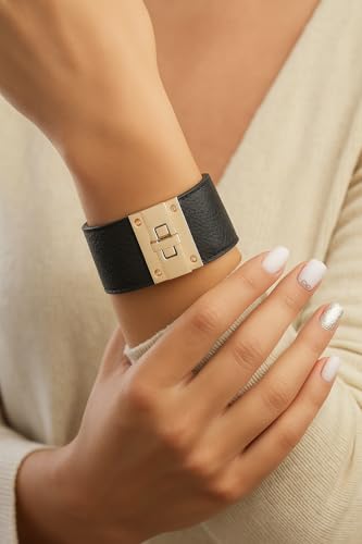 Rantanto Leather Wrap Bracelets For Women Gold Twist Lock Buckle Wrist Cuff | PU leather,Skin-friendly,Boho Stackable Wristband,Fashion Daily Jewelry,Trend Casual Party Bangle,Fit For Birthday, Holiday - color: Wide Black