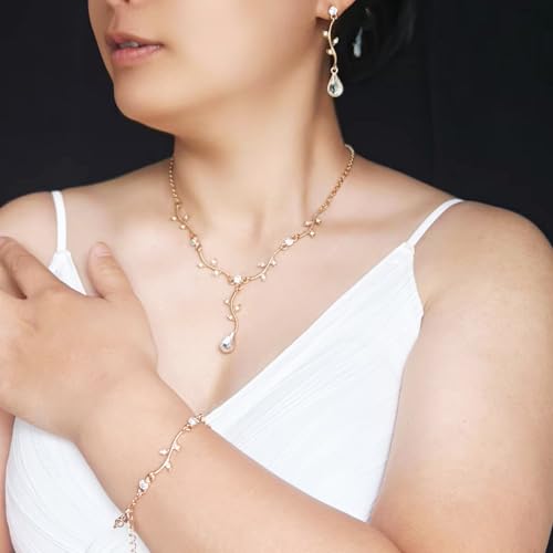 Hapibuy Crystal Bridal Wedding Jewelry Necklace Earrings Bracelet Set Rhinestone Choker Necklace For Brides Bridesmaid Women Party Acessory - color: Gold