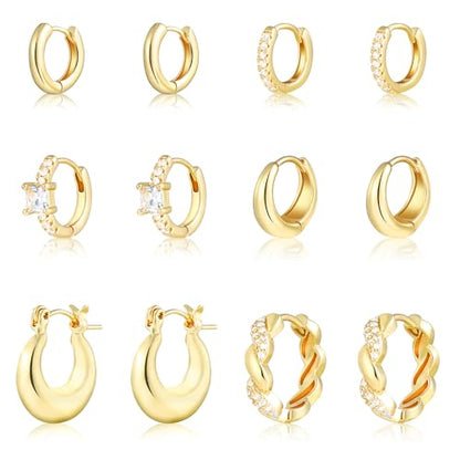 Wgoud Small Gold Hoop Earrings Set for Women, 6 Pairs 14K Gold Plated Hypoallergenic Lightweight Huggie Hoops Earrings, Trendy Cartilage Cubic Zirconia Earrings for Women Gifts. - color: G-Gold hoops