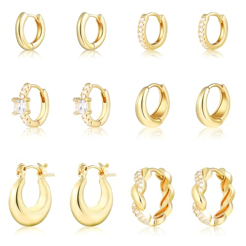 Wgoud Small Gold Hoop Earrings Set for Women, 6 Pairs 14K Gold Plated Hypoallergenic Lightweight Huggie Hoops Earrings, Trendy Cartilage Cubic Zirconia Earrings for Women Gifts. - color: G-Gold hoops