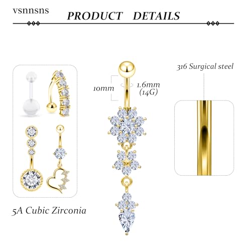 14G Dangle Belly Button Ring Piercing Jewelry 316L Stainless Surgical Steel Heart Flower CZ Reverse Navel Rings Dangling Belly Button Ring Piercing Jewelry for Women 14 Gauge Hypoallergenic - style: 12Pcs Gold