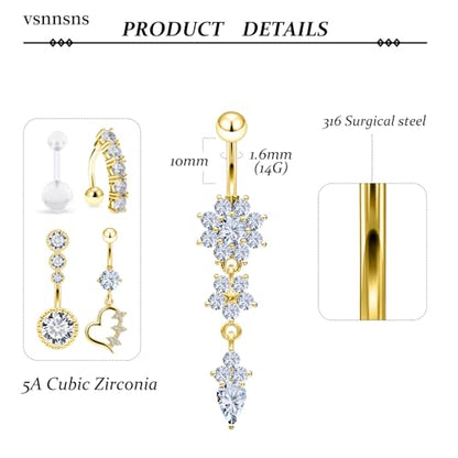 14G Dangle Belly Button Ring Piercing Jewelry 316L Stainless Surgical Steel Heart Flower CZ Reverse Navel Rings Dangling Belly Button Ring Piercing Jewelry for Women 14 Gauge Hypoallergenic - style: 12Pcs Gold