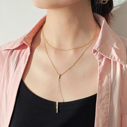 EPIRORA Layered Necklaces for Women, 16” & 20“ Double-Layer Lariat Necklace | 14k Gold/Silver Plated Long Necklaces for Women Trendy Layered Bar Pendant Drop Necklace Lariat Y Necklace Prom Jewelry Gifts - color: Gold