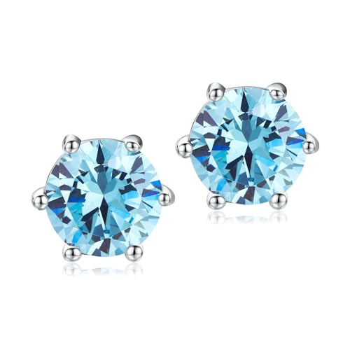 DAYBYDAY 925 Sterling Silver Birthstone Earrings for Women, Crystal Stud Earrings, 6.5mm Round Cut Solitaire Gemstone Earrings Birthday Jewelry - style: Round Cut-03. Mar/created aquamarine