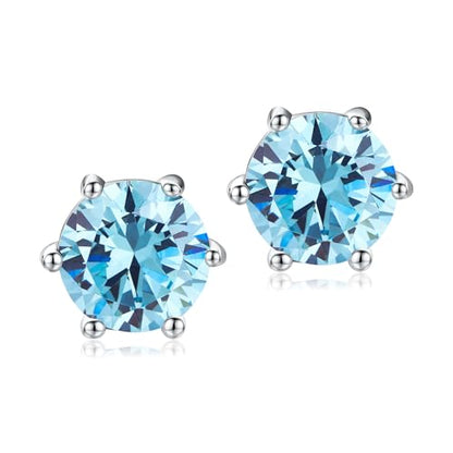 DAYBYDAY 925 Sterling Silver Birthstone Earrings for Women, Crystal Stud Earrings, 6.5mm Round Cut Solitaire Gemstone Earrings Birthday Jewelry - style: Round Cut-03. Mar/created aquamarine