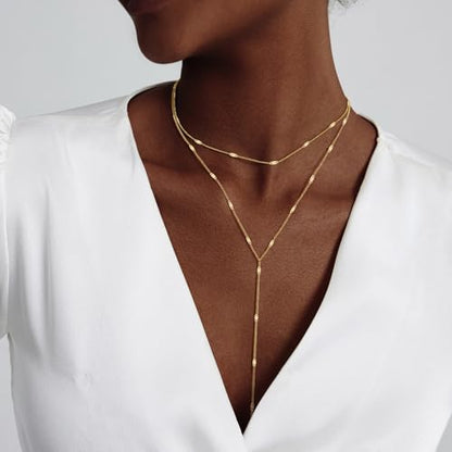 HAXIYA Gold Pearl Y-Shaped Necklace for Women Layered Lariat Long Pendant | 14K Gold Plated/Sterling Silver Dainty Drop Chain Layered Pearl/Beaded Necklaces Simple Gold Jewelry for Women - color: Sequin - Gold