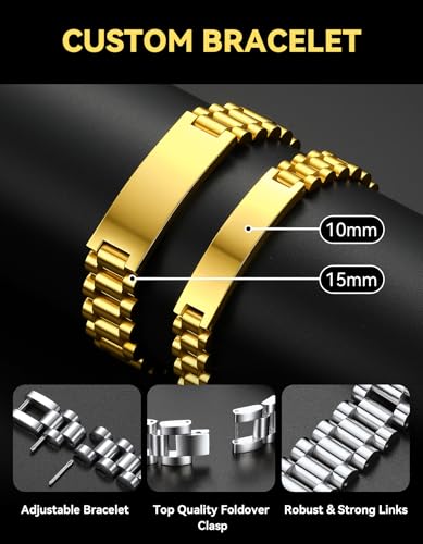 ChainsHouse Men Stainless Steel Bracelet Adjustable Custom ID Engraved Gift | Personalized Silver/Gold/Black for Birthday Father Husband Boyfriend with Gift Box Adjustable Tool 10mm/15mm/15.5mm 8.3"/8.7" - color: J.10mm Width-Gold-No Custom
