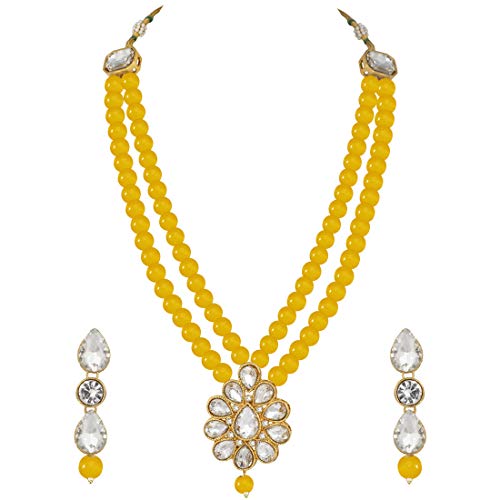 Aheli Wedding Faux Kundan Pendant Beaded Necklace Earrings Set Bollywood Indian Bharatanatyam jewellery set Gift for Women - color: Yellow