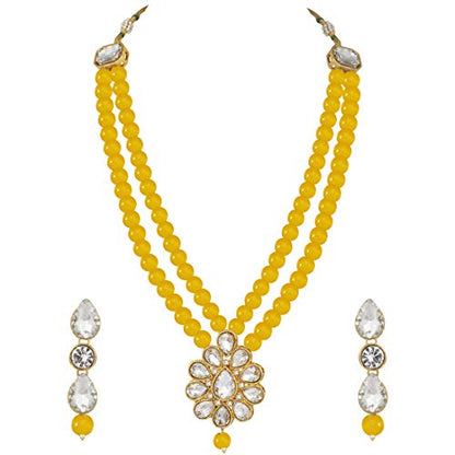Aheli Wedding Faux Kundan Pendant Beaded Necklace Earrings Set Bollywood Indian Bharatanatyam jewellery set Gift for Women - color: Yellow