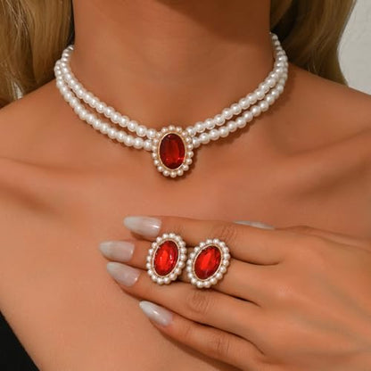 CSIYANJRY99 Pearl Necklace and Earring Set Faux Pearl Jewelry Sets for Women Imitation Beaded Pearl Necklace Bracelet Stud Earrings for Women - color: Red Zircon Pearl Set