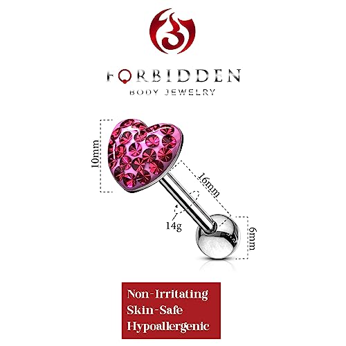 Forbidden Body Jewelry 14G 16mm (5/8 Inch) Surgical Steel Pave Crystalline Epoxy Heart Top Tongue Ring - style: Pink