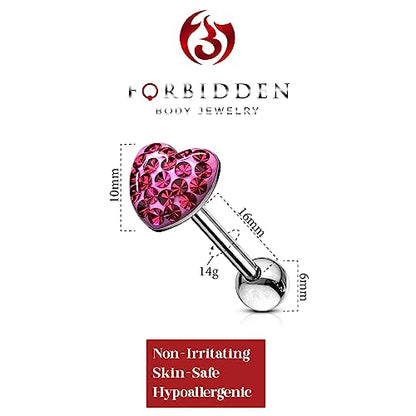 Forbidden Body Jewelry 14G 16mm (5/8 Inch) Surgical Steel Pave Crystalline Epoxy Heart Top Tongue Ring - style: Pink