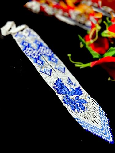 Long Beaded Necklace – Boho Native Handmade Seed Bead Tassel Necklace, Bohemian Large Statement Beaded Necklace for Women - color: White Royale Blue
