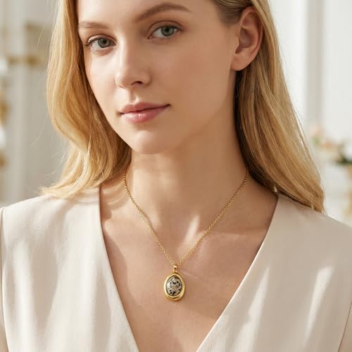 Colorful Natural Stone Necklaces for Women Trendy 14K Gold Plated Oval Gemstone Pendant Statement Necklace Jewelry Gifts for Women - color: White and Black