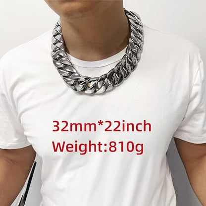 SDA Wide Chunky Gold Chain Necklace - Heavy and Waterproof 316L Surgical Steel with 18K Gold Plating for Modern Men and Women into Hip Hop Fashion - color: B476-32mm-White Gold