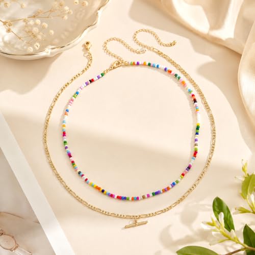 Seed Beaded Layered Necklace for Women 14K Gold Plated Figaro Chain T Bar Pendant Necklace Set, Colorful Beaded Choker Necklace, Dainty Boho Jewelry Gift