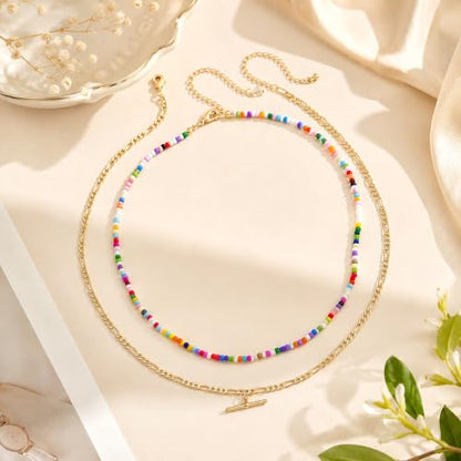 Seed Beaded Layered Necklace for Women 14K Gold Plated Figaro Chain T Bar Pendant Necklace Set, Colorful Beaded Choker Necklace, Dainty Boho Jewelry Gift